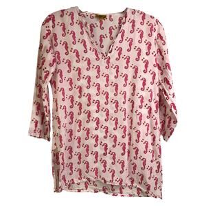 Roberta‎ Roller Rabbit Tunic Top Womens Size 8 Pink White Seahorse Print Cotton